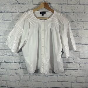 J.Crew Regenerative Cotton 3/4 Short Sleeve Eyelet Button Down White Blouse Sz L